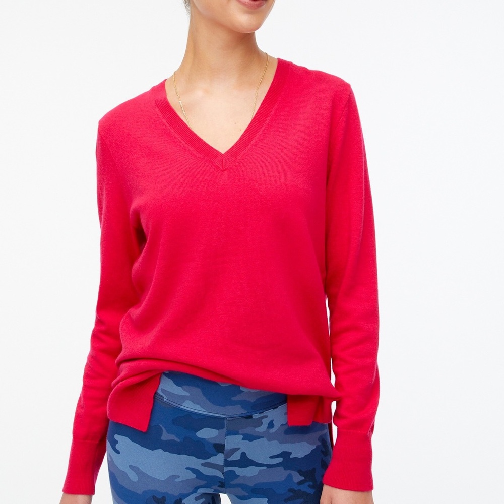 J Crew Factory Wool-blend V-neck tunic sweater in hibiscus pink color size S